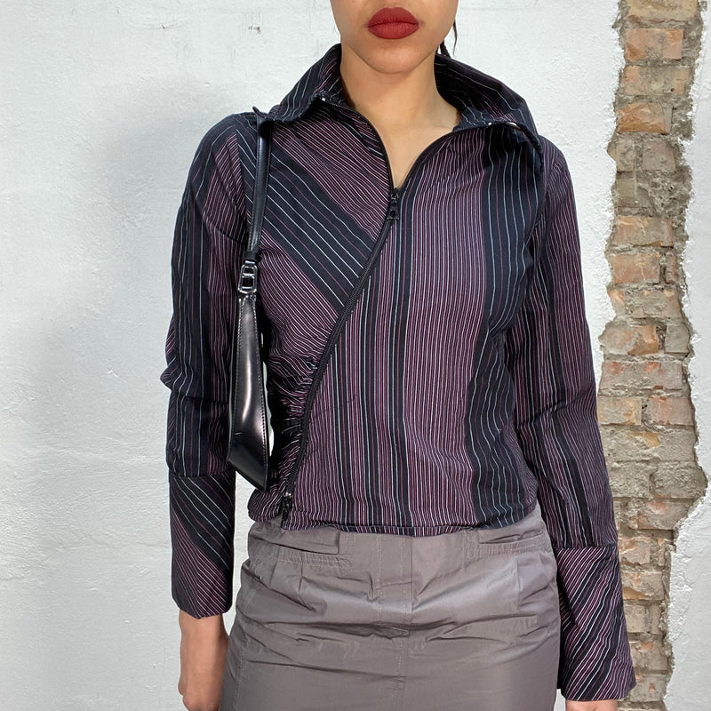 Vintage 2000's Black Asymmetrical Zip Up Blouse with Purple Stripes