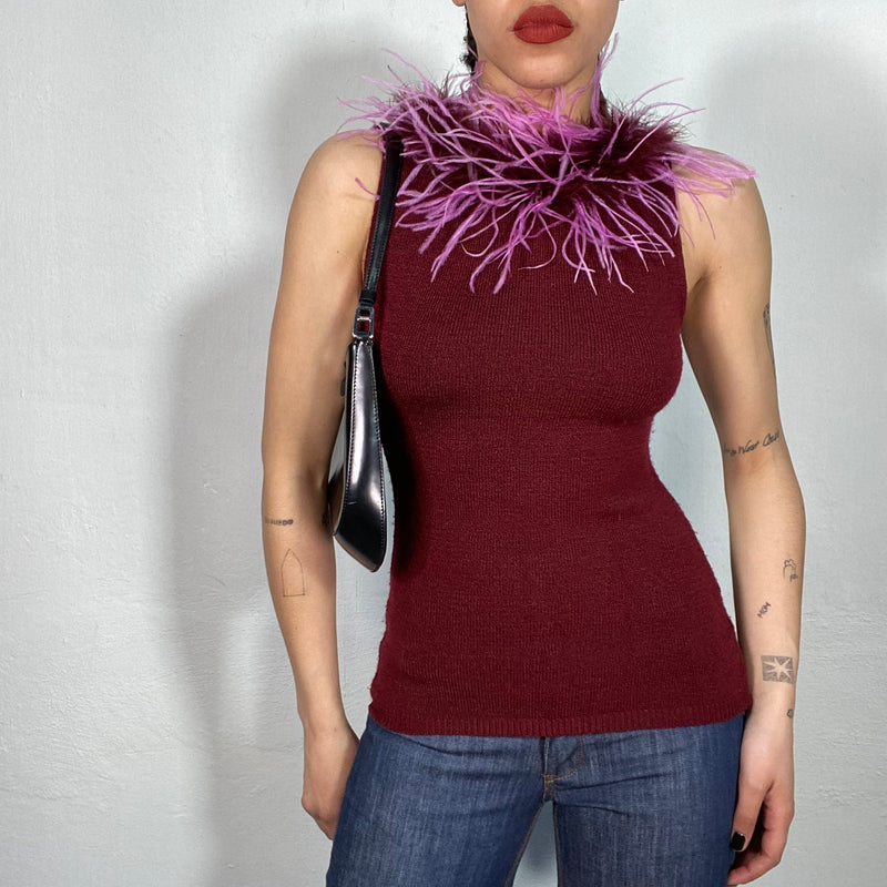Vintage 2000's Bordeaux Red Knit Top with  Pink Feather Collar