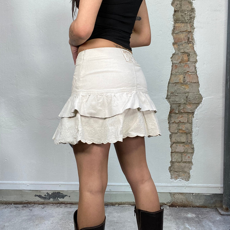 Vintage 2000's Morgan Beige Cord Layered Mini Skirt with Embroidery Details