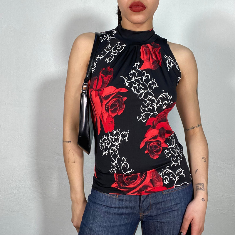 Vintage 90's Black High Neck Top with Red Rose and Ornament Print