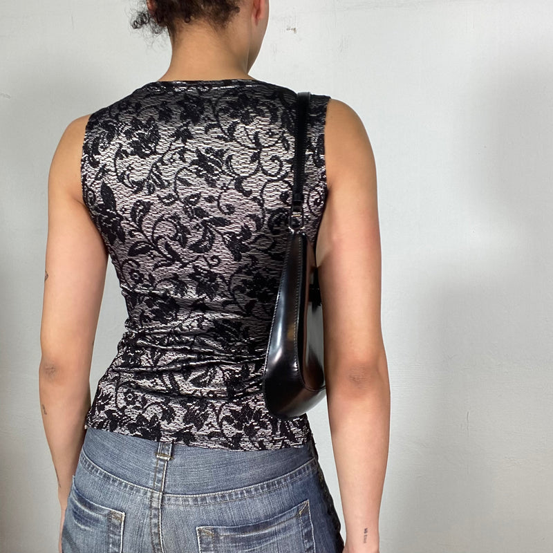 Vintage 2000's Silver High Neck Top with Black Floral Embroidery