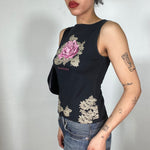 Vintage 2000's Black High Neck Top with Lace, Rose and 'Raspberry' Print