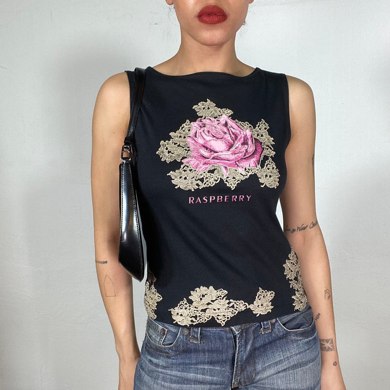 Vintage 2000's Black High Neck Top with Lace, Rose and 'Raspberry' Print