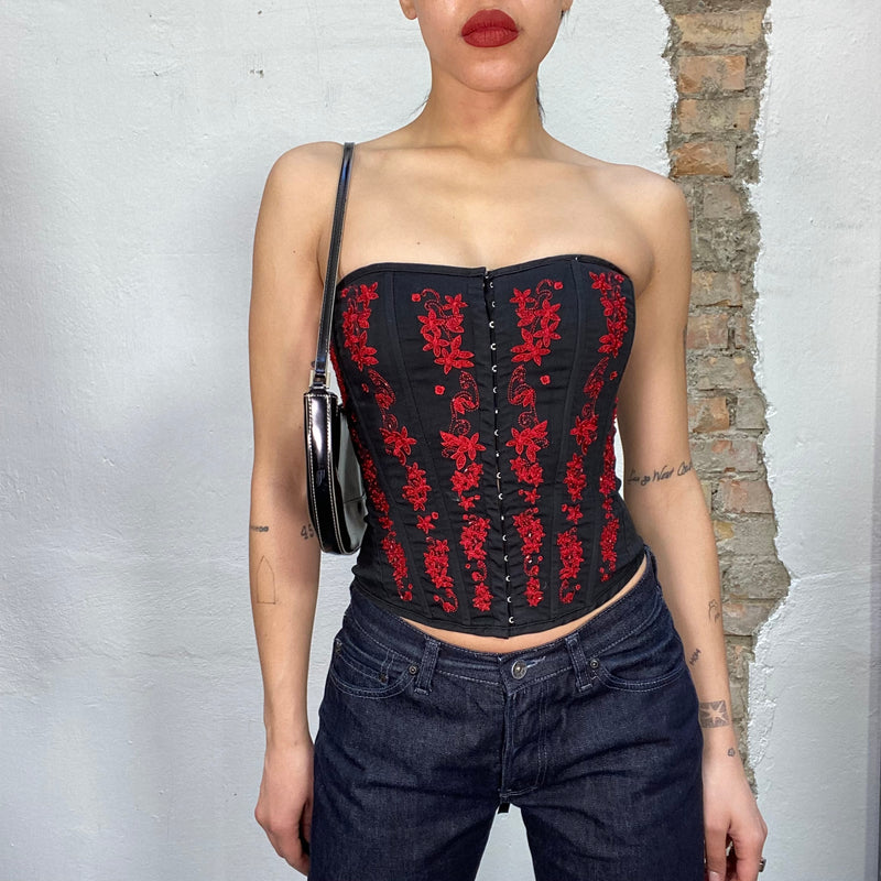 Vintage 90's Black Corset Top with Red Flower Embroidery