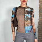 Vintage 2000's Brown and Blue Longsleeve Top with Plaid and Butterfly Print (S)
