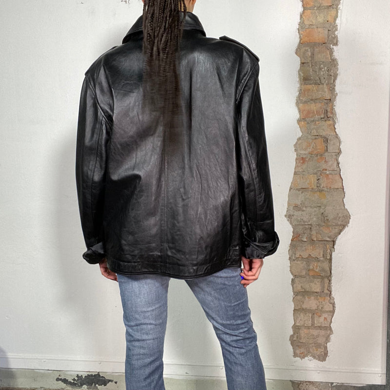 Vintage 90's Black Leather Jacket with Shoulder Loops