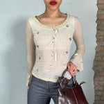 Vintage 90's Fairy Beige Mesh Top with Floral Embroidery and Ruffle Trim