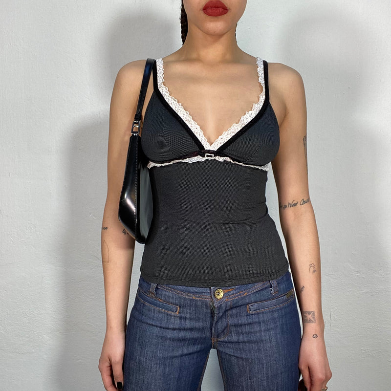 Vintage 2000's Black Dotted Cami Top with White Lace Trim