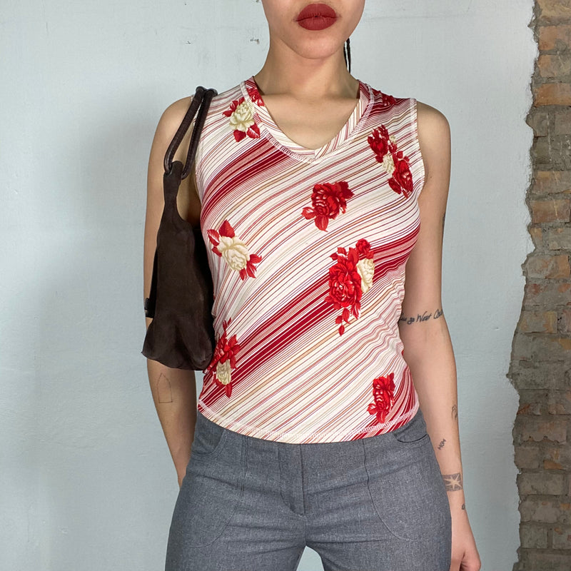 Vintage 90's White and Red Striped V-Neck Tank Top with Floral Print (S)