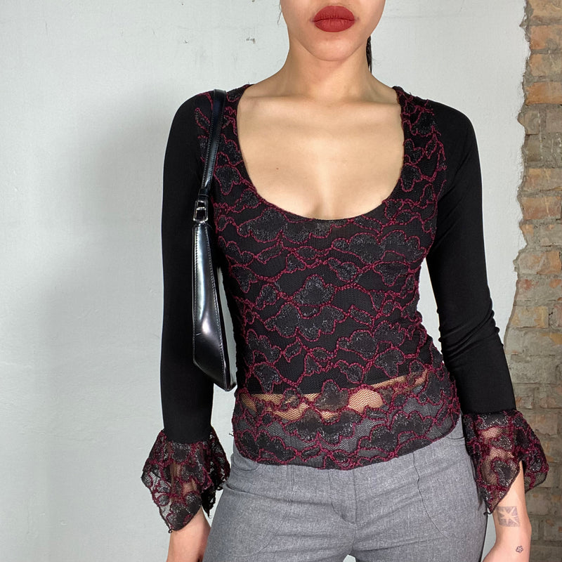 Vintage 2000's Black Longsleeve with Dark Red Lace Lace
