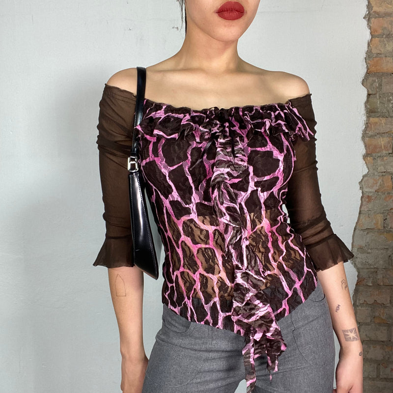 Vintage 2000's Black Mesh and Lace Off Shoulder Top with Pink Animal Print (S)