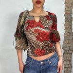 Vintage 2000's Brown and Red Paisley Midi Sleeve Top