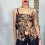 Vintage 2000's Brown and Green Fairy Lace Top with Hook and Eye Detail