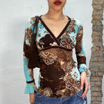 Vintage 2000's Brown and Turquoise Paisley V-Neck Top