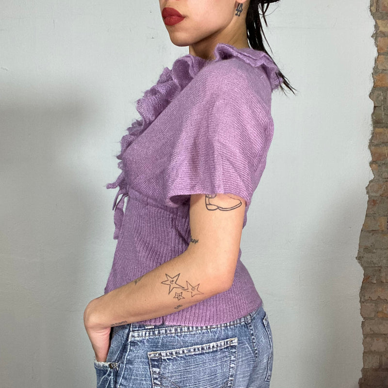 Vintage 2000's Lilac Knit Shirt with Ruffle Collar