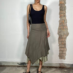 Vintage 2000's Archive Khaki Asymmetrical Midi Skirt with Mesh Layer