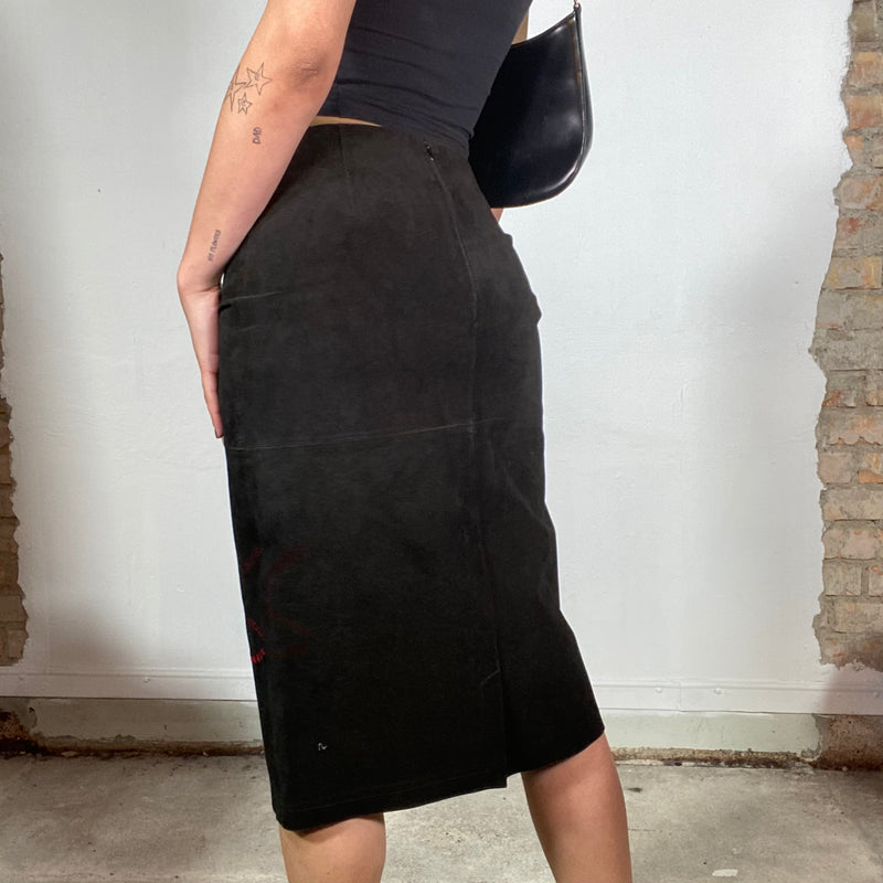 Vintage 90's Indie Black Suede Midi Skirt with Red Flower Embroidery (S)