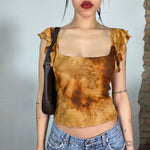 Vintage 2000's Brown Batik Shirt with Glitter Print and Ruffle Sleeves