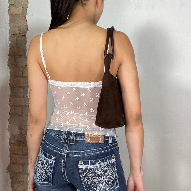 Vintage 2000's White Mesh Top with Flower Embroidery