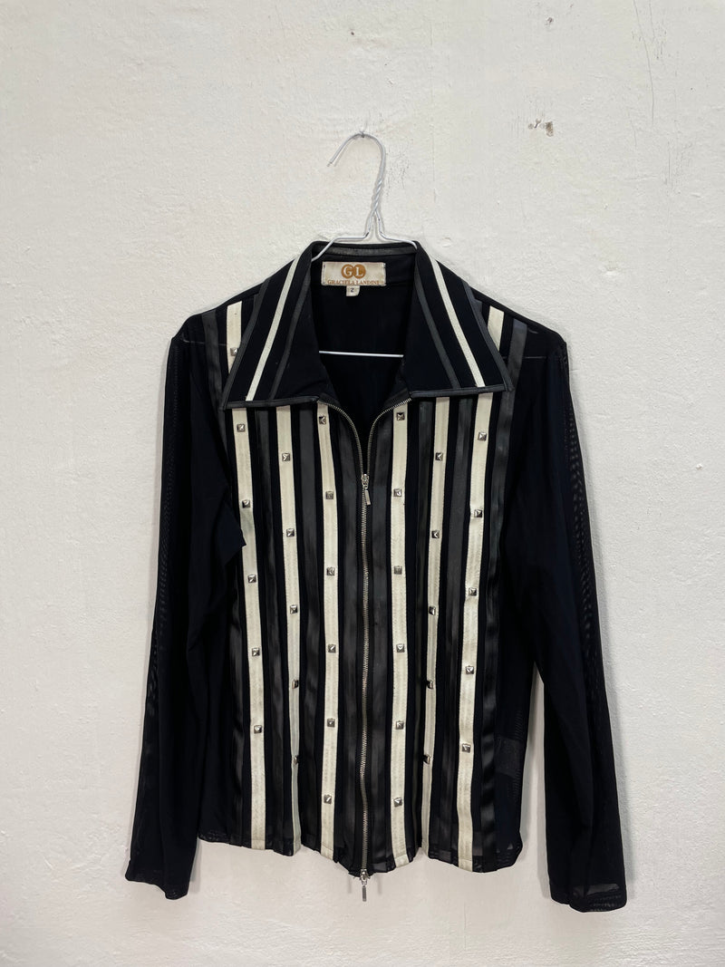 Vintage 2000s Leather Striped Zip-Up Blouse